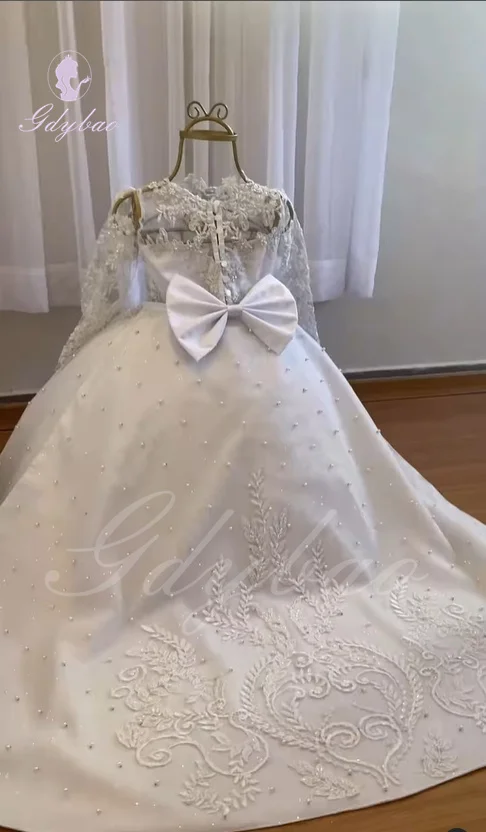 Vestido de niña de flores de encaje blanco para boda, apliques de perlas, mangas completas hinchadas, tul, fiesta de cumpleaños para niños, vestido de baile de primera comunión