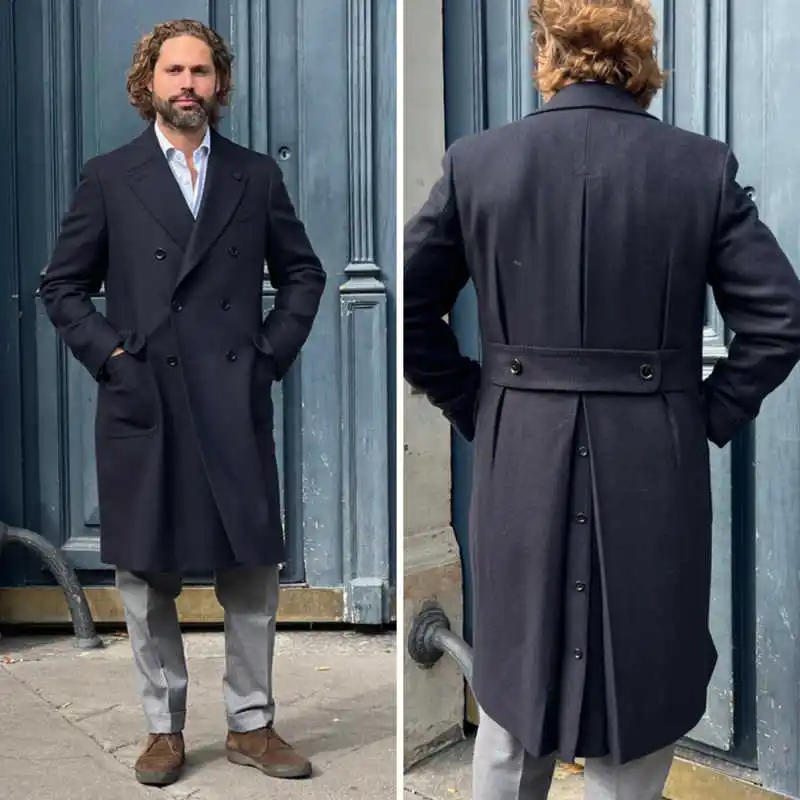クラシックメンズロングオーバーコート ダブルブレスト ピークドラペル メンズウィンターウォームコート ビジネス外出コート カスタムメイド