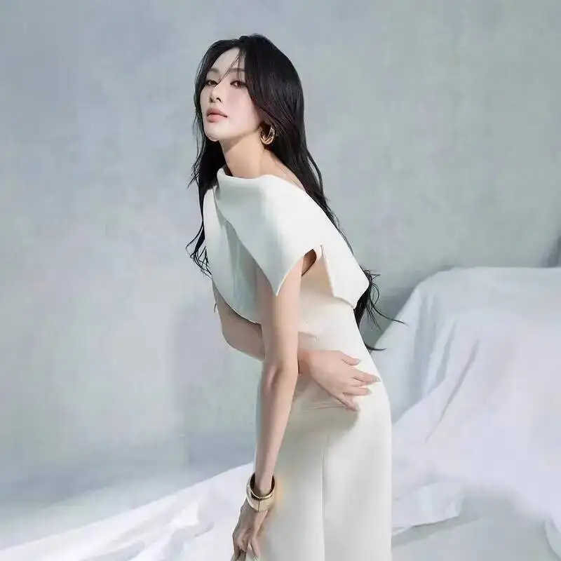 BEWQ femmes mode élégant Patchwork sans manches fendu Satin taille haute robe de soirée 2025 automne nouveau