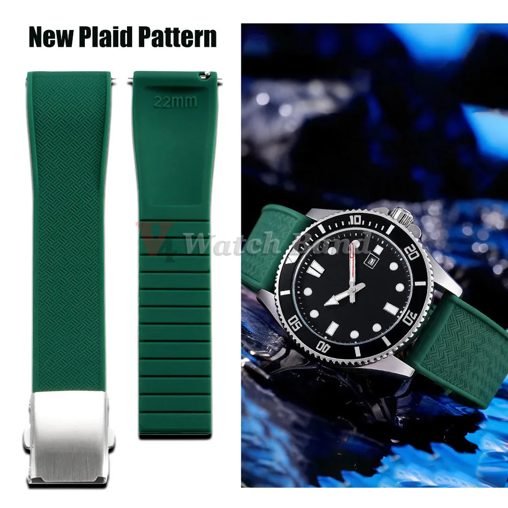 Neues Kariertes Hybrid-Muster Uhrenarmband 20mm 22mm Faltschließe Schnellverschluss Silikon Wasserdichtes Uhrenband Grün Blau Armbänder