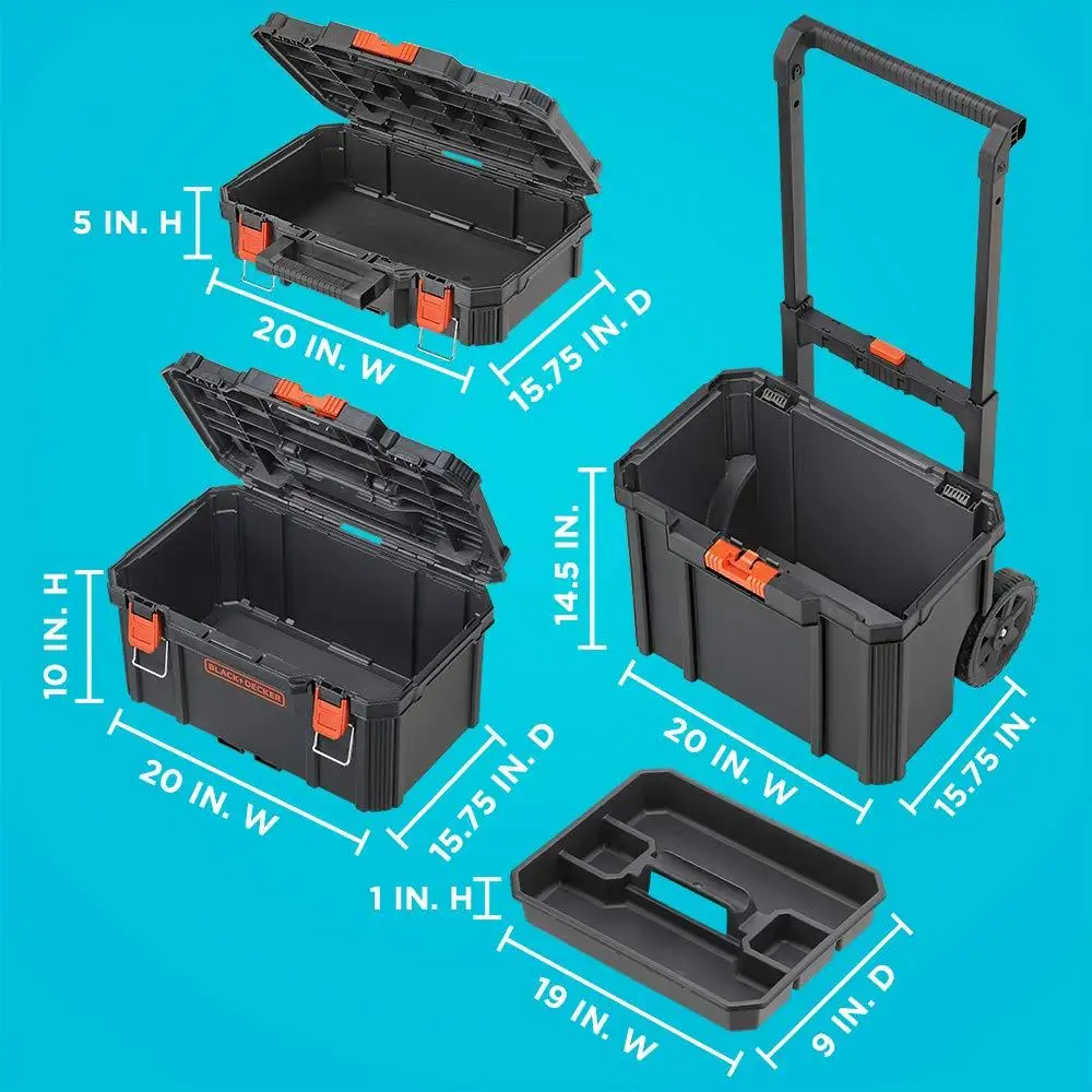 Sistema de armazenamento empilhável, conjunto de 3 peças, pequena caixa de ferramentas profunda, portátil, seguro, fácil, ergonômico, alça telescópica, durável