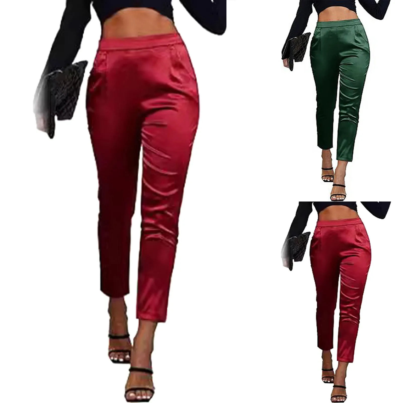 Calça feminina de cintura alta de seda cetim, calça solta com bolsos, calça lápis brilhante, calça casual para senhora, escritório, verão