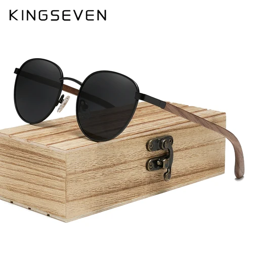 Imagen 1 del producto KINGSEVEN-gafas de sol polarizadas de madera para hombre y mujer, lentes de espejo UV400, montura redonda, hechas a mano, informales