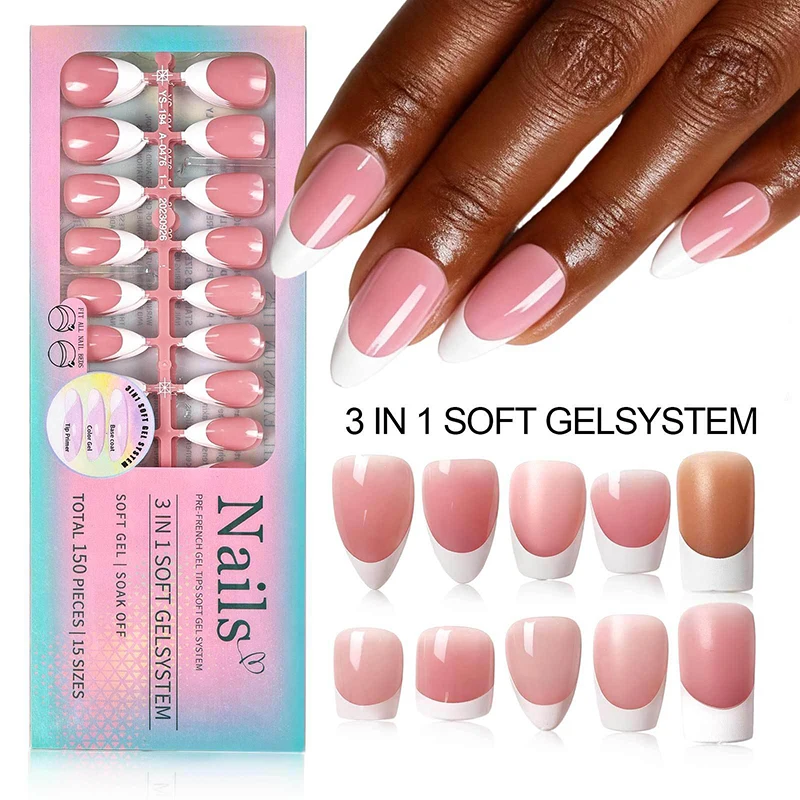 

{HBA17} 150pcs/Box Pink French Gel Press On Nail Tips 15-Size Almond Pre-applied Fake Nails For Manicure Extension