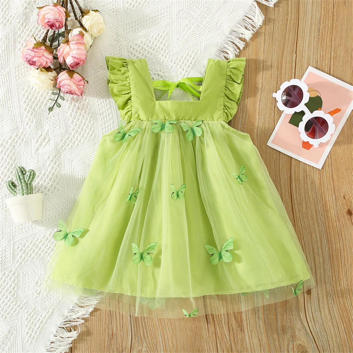 New Girl Baby Mesh Princess Dress Summer Children\'s Wear 3D Bow Embroidered Solid Color Korean Edition Dress