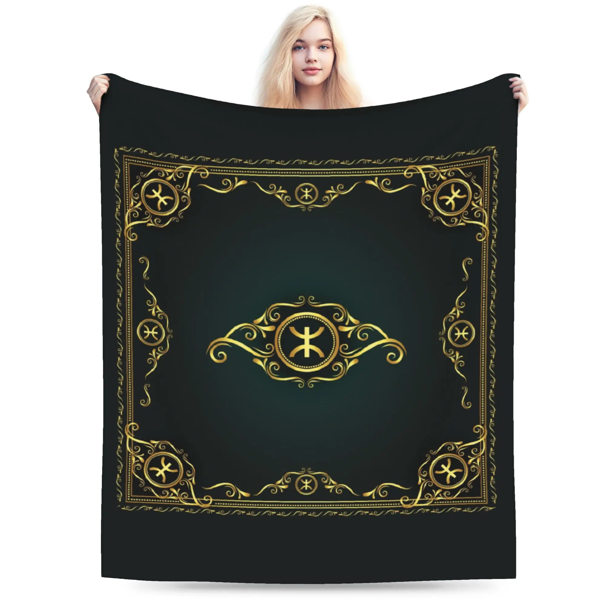 Custom 3D Printed Gold Z Imazighen Amazigh Blankets Breathable Soft Flannel Kabyle Folard Throw Blanket for Couch Office Bedroom