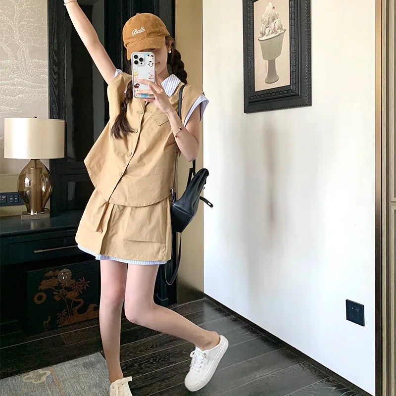 2025 Summer New Leisure Suit Patchwork Striped Single Breasted Sleeveless Vest For Women Drawstring Mini Skirts Set Female