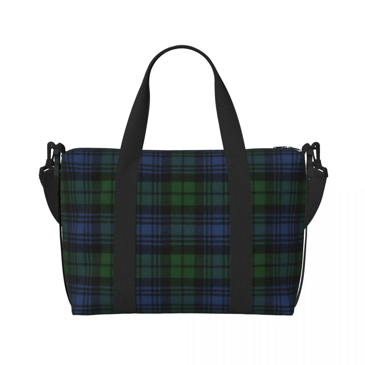 Custom Black Ancient Scottish Tartan Beach Tote Bag Women Plaid Check Geometric Big Compartment Beach Gym Travel Bags