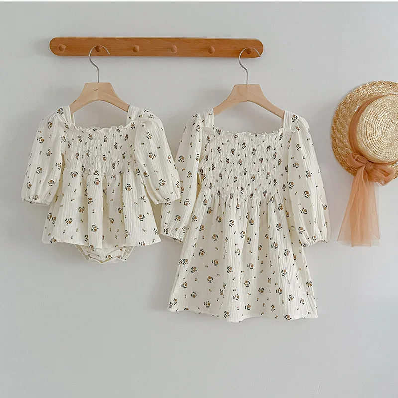 Sisters Outfit Baby Girl Romper Infant Square Neck Rose Print Lantern Long Sleeve Jumpsuit Girl Dress