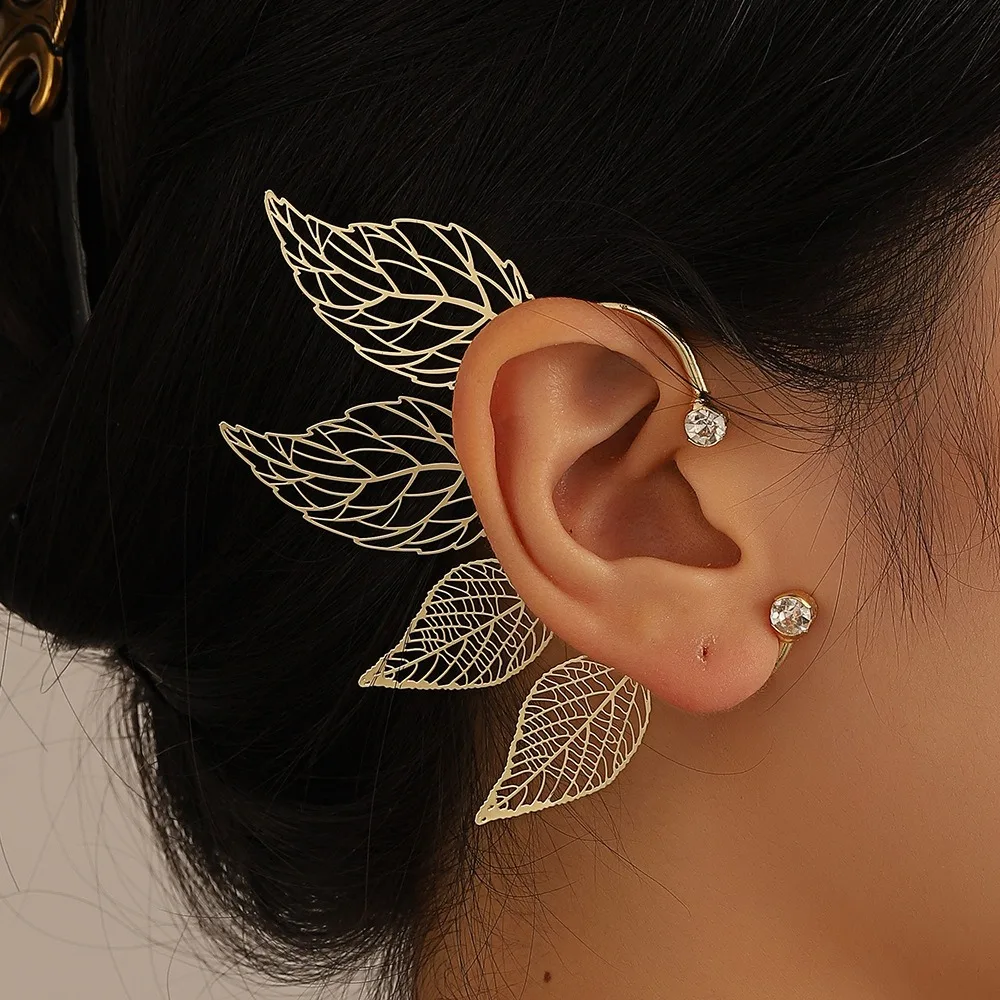 Boucles d'oreilles à Clip en Zircon pour femmes, Design de personnalité exagéré, feuille creuse, faux Piercing, manchette, bijoux de fête, cadeau