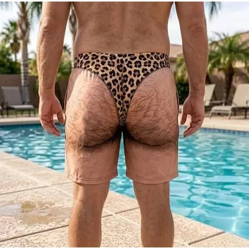Neuartige Herren-Badeshorts mit 3D-Druck, Fake-Hairy-Leg-Effekt, Leopardenmuster, Kordelzug, Schnelltrocknend, Strand-Boardshorts, Sommer-Urlaubs-Badebekleidung – Detail 3
