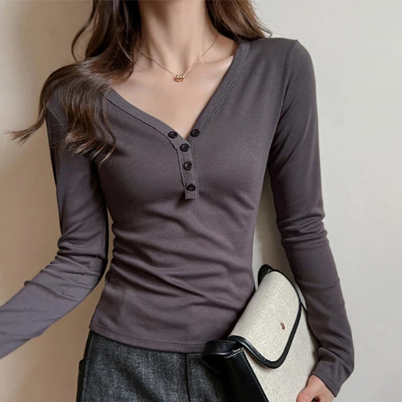 Women Sexy Tight Long Sleeve T-Shirt Women Y2K Fashion Button V-Neck Bottoming Shirt Autumn Winter Korean Street Slimming Tees