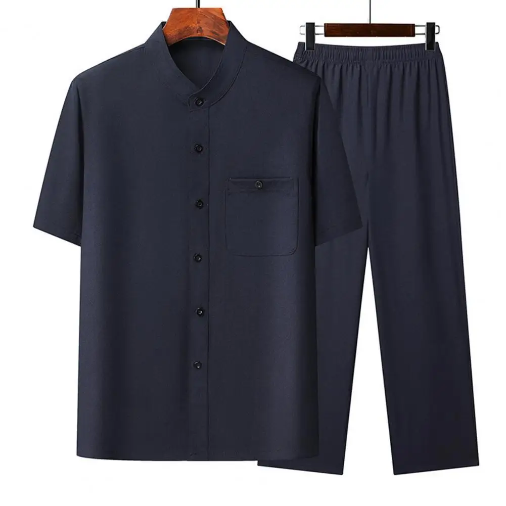 2025 Men Suit Summer Two-piece Shirt Pants Set Short Sleeved Men's Stand Up Collar Shirt Long Pants Set Retro Casual Suit