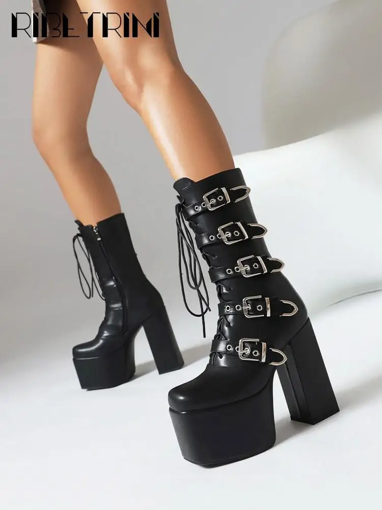 New Punk Goth Women Motorcycle Boots High Heeled Knee High Platform Shoes Heart Buckle Lace Up Luxury Trendy Winter Street Boots