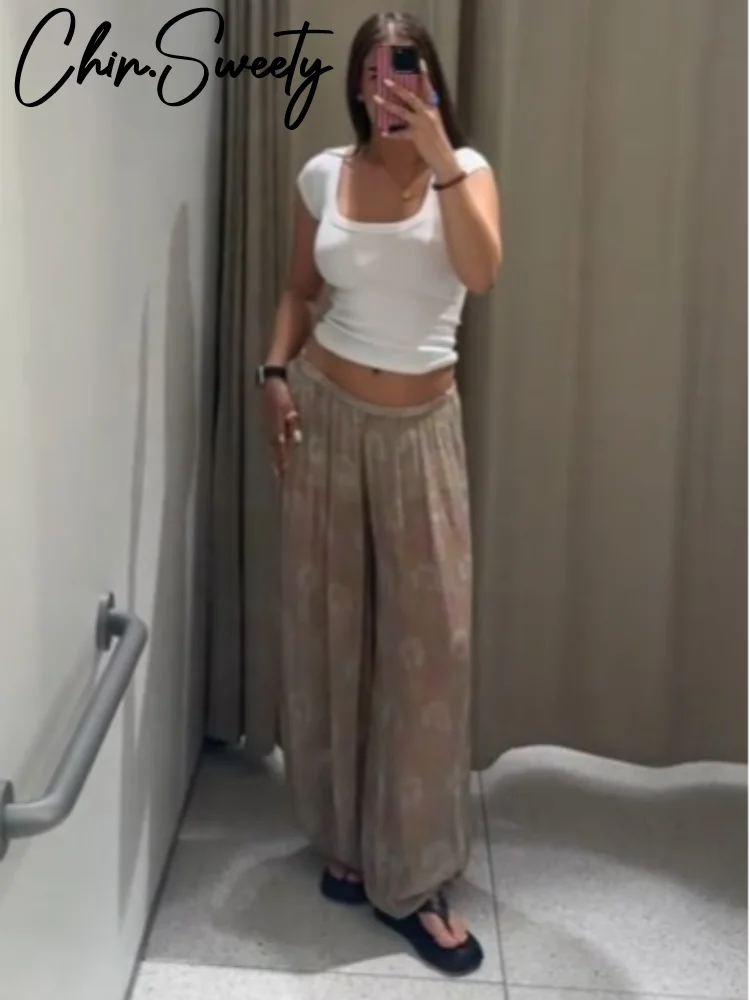 الرجعية فضفاضة طباعة السراويل النساء عادية عالية الخصر فانوس طويل الشارع الإناث السراويل 2025 الصيف الخريف انظر من خلال السراويل سيدة