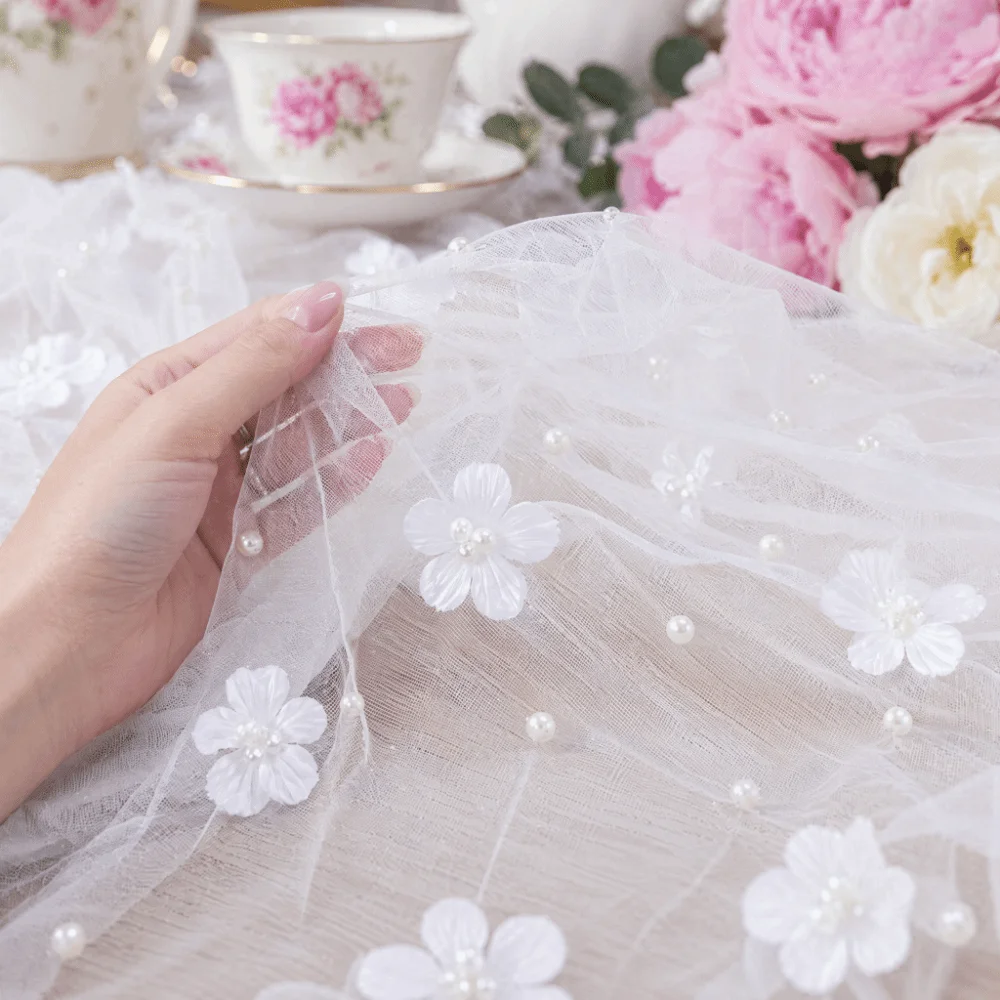Hollow-out Pearl Tulle Table Runner 200x80cm Semi Transparent Tulle Gauze Table Cloth DIY Floral Pearl Tulle Fabric‌ Table Cover