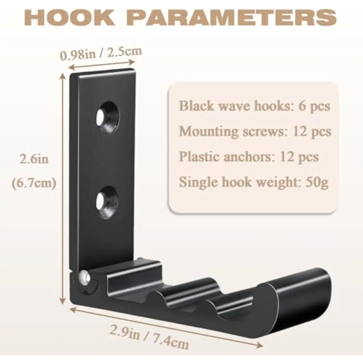 6 PCS Heavy Duty Folding Wall Hooks, Sturdy Black Wall Mounted Hooks for Coats, Towels, Backpacks, Bags, Space Saving Wave Desig
