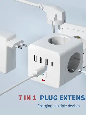 7-in-1 EU Power Strip, Power Strip Surge Protector 3 AC Outlets 3 USB 1 Type-C, Desktop Charging Station With Overload Protecti