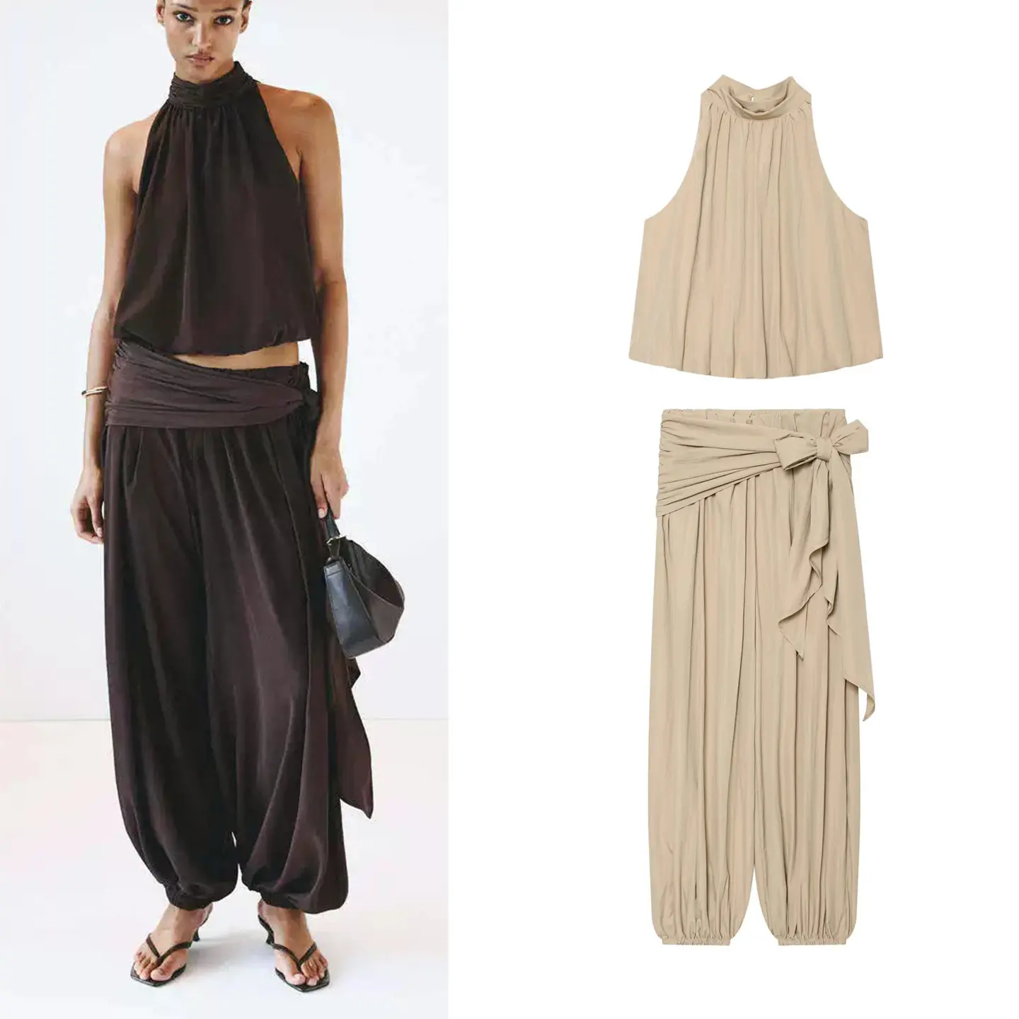 High Waist Bubble Sleeve Top And Lantern Pants Set Women's Summer Fashion Outfit Stand Collar Gored Hem Neckline Wrap Style