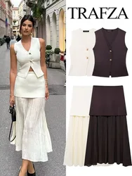 TRAFZA-Conjunto de 2 piezas para mujer, chaleco tejido con botones sin mangas y cuello en V, Top + faldas largas con cremallera de cintura alta y empalme elegante, trajes de vacaciones