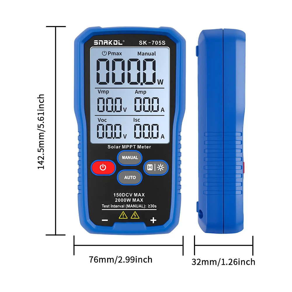 SNAKOL SK-705S Solar MPPT Tester 2000W PV Panel Multimeter 12-120V Open Voltage Short Current Photovoltaic Power Detector