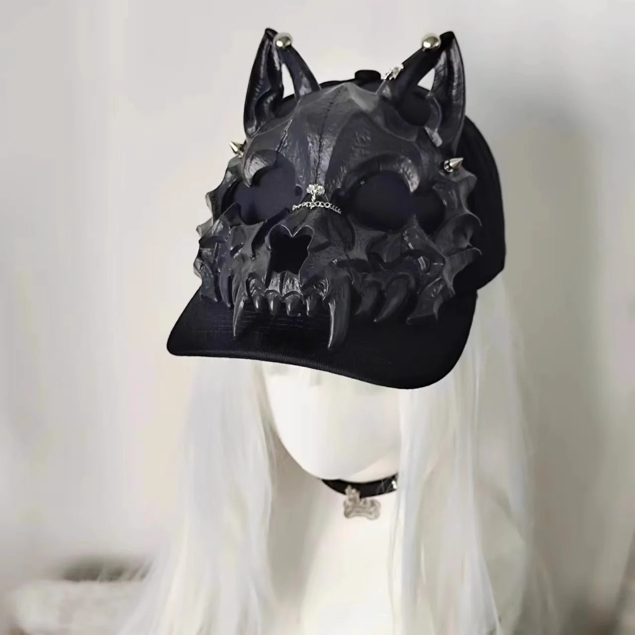 Black Wolf Ear Baseball Cap with Fangs, Punk Subculture Y2K Streetwear Hat,Dark Gothic Hot Girl Dad Cap, Unisex Hip Hop Snapback