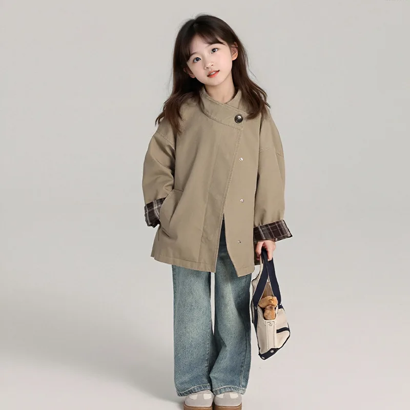 

5-16Y Girls AutumnTrench Coat 2025 Spring New Korean Fashion Casual All-match Vintage Coat Kids Daily Outerwear