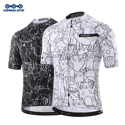 KEMALOCE Cycling Jersey Men Summer White&Black Cartoon Bicycle Jersey Polyester Breathable Short Sleeves Road Race Bike Clothing