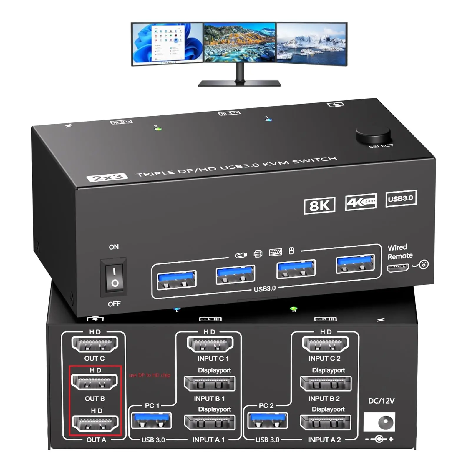 USB 3.0 KVM Switch 3 Monitors 2/3 Computers 8K@30Hz/4K@60Hz,3*HDMI OUT KVM Switch for 2/3 PC Share Triple Monitor Keyboard Mouse