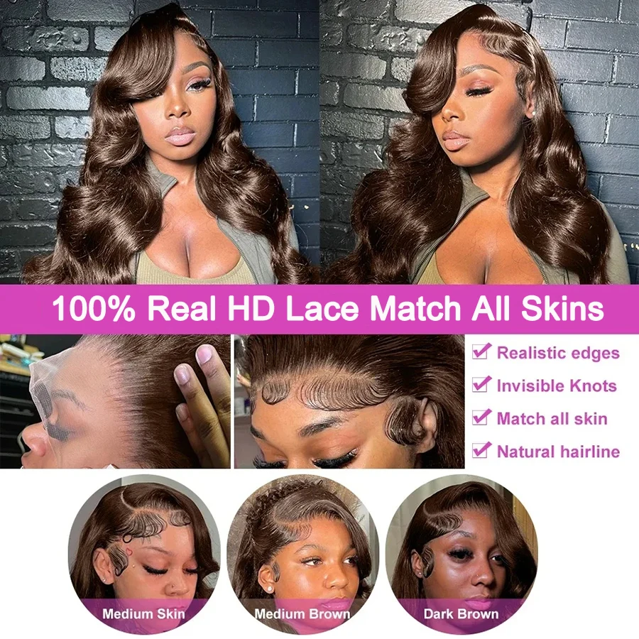 250% الكثافة البني المحمر الجسم موجة خصلات الشعر المستعار الإنسان 13x6 HD الدانتيل الباروكات الأمامية 36 بوصة 13x4 الدانتيل الجبهة خصلات الشعر المستعار الإنسان للنساء #5