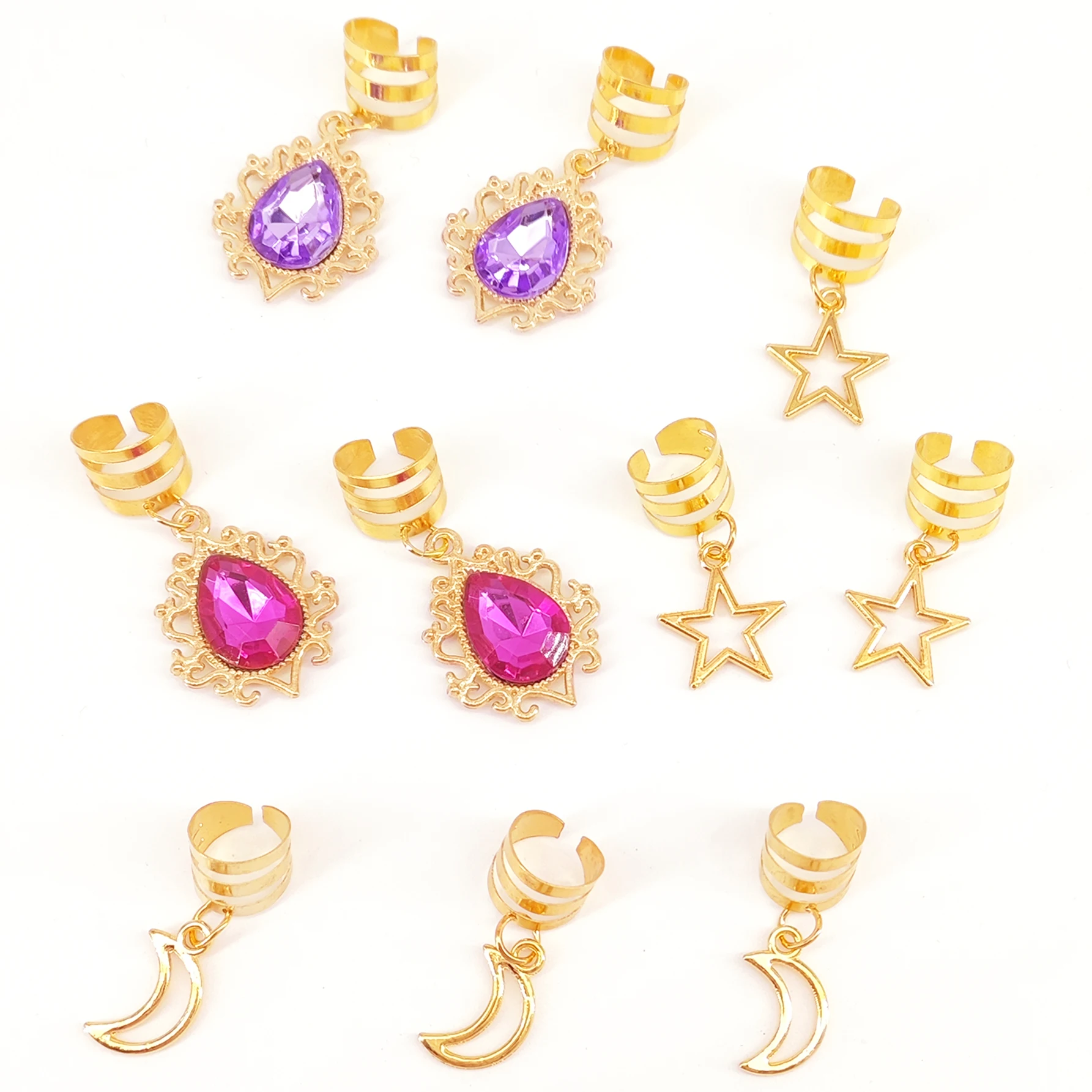 10pcs Alloy Star Moon collocation Filigree Inlaid Rhinestone Hair Jewelry Accessories Pendant, DIY Hair Beads Braiding