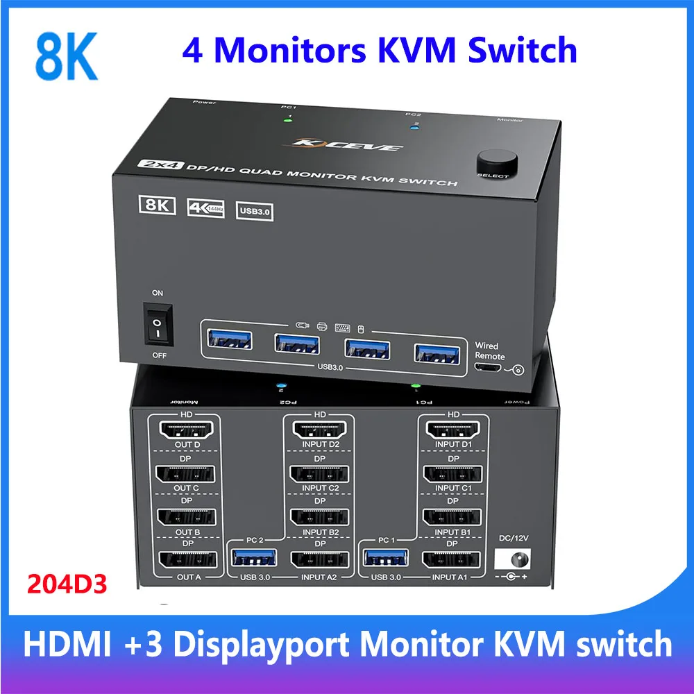 

4 Monitors KVM Switch 2 Computers ,8K@60Hz/4K@120Hz 3 Displayport+HDMI Quad Monitor KVM Switch for 2 PC Sharing Keyboard Mouse