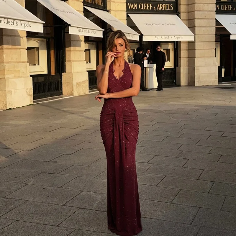 Summer Women's Clothing Halter Neck Slim Fit High Waist Long Dress For Elegant Party Evening Wear Polyester Knit
