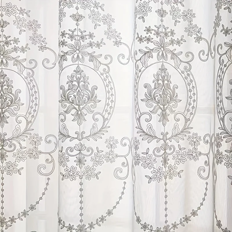1pc White Embroidered Sheer Curtain European Baroque Floral Pattern Voile Light Filtering Drapes for Living Room Bedroom Home