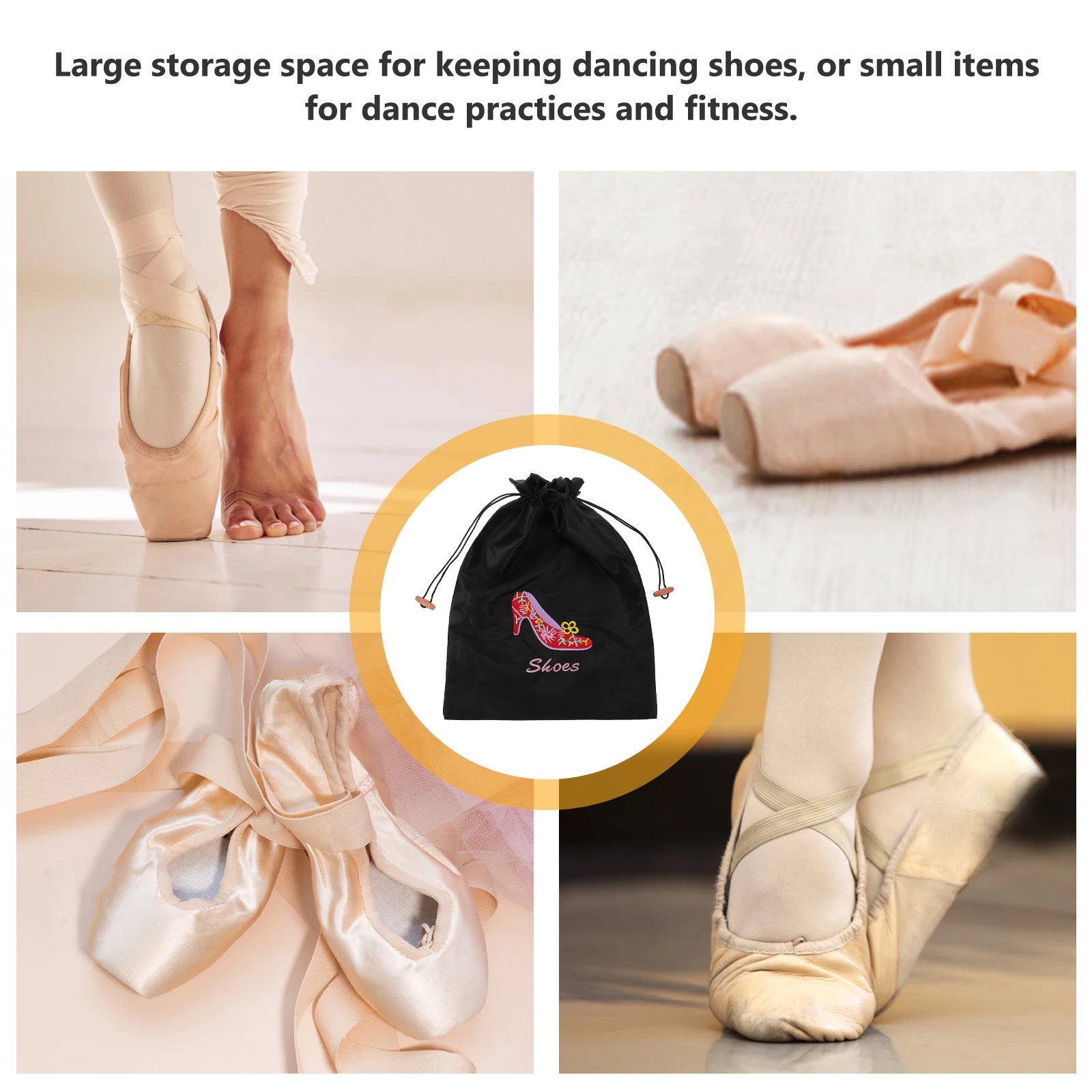 

Pointe Shoe Bag Black Satin Drawstring Dance Shoes Storage Organizer Imitation Silk Pouch Durable Ballet Accessories