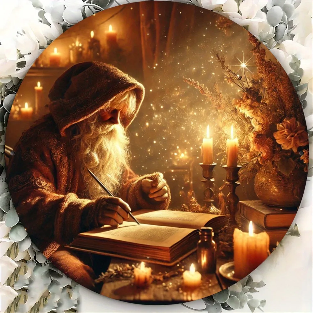 

2D Flat Printed Wall Art with Santa Claus Reading by Candlelight,Vintage Christmas Home Decor - Metal Wall Decor,Cafe Decoration