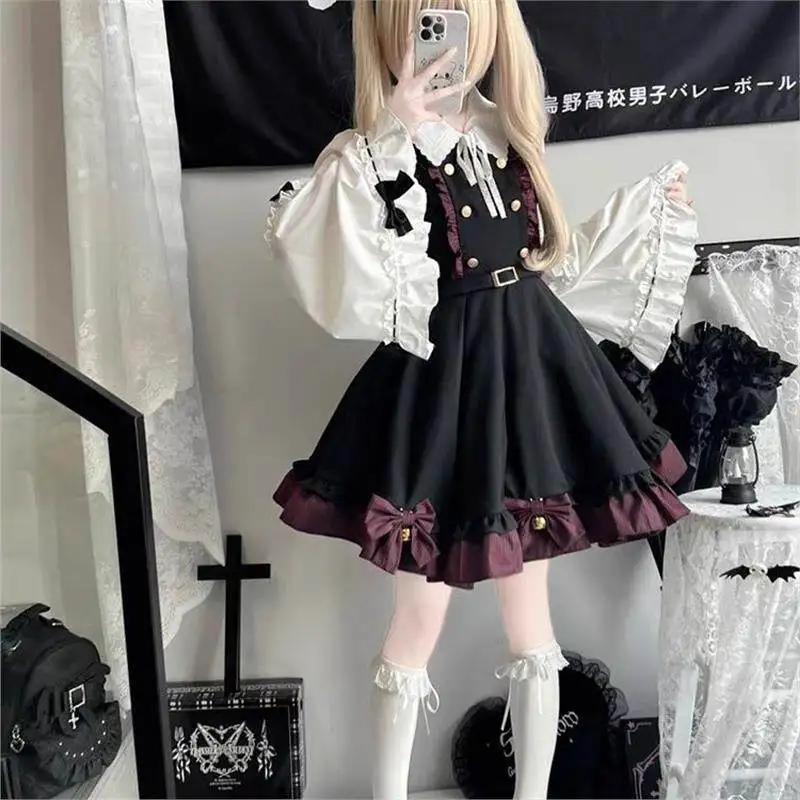 MAGOGO Japanese Lolita Sweet Shirt Strap Dress Suit Women Retro White Flared Long Sleeved Shirt Button Bow Black JSK Dress