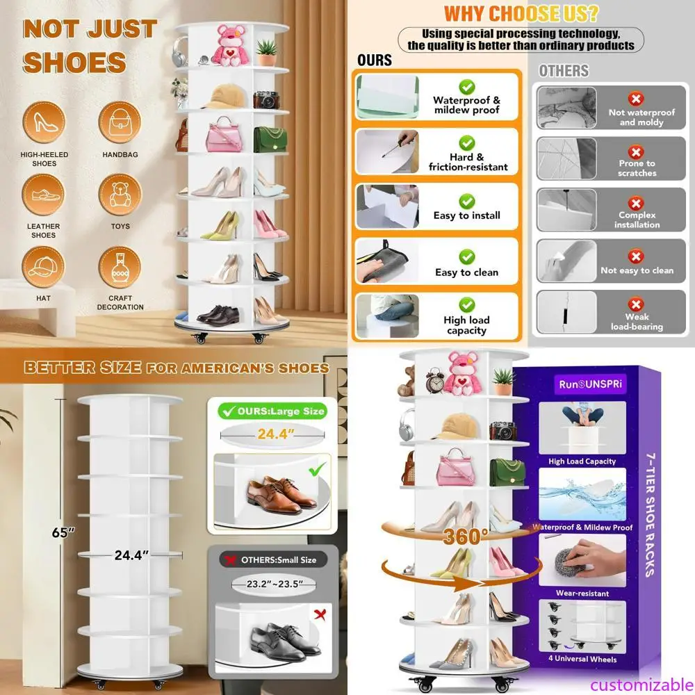 

Multi-Tiered Rotating Shoe Storage Organizer with Wheels for 360° Accessibility