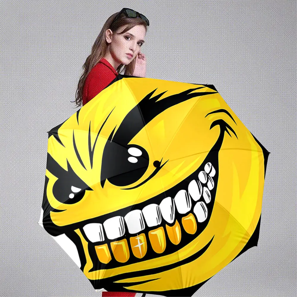 Yellow Grinning Face with Bold Black Details Illustration portable waterproof sun rain umbrella for outdoor travel beach