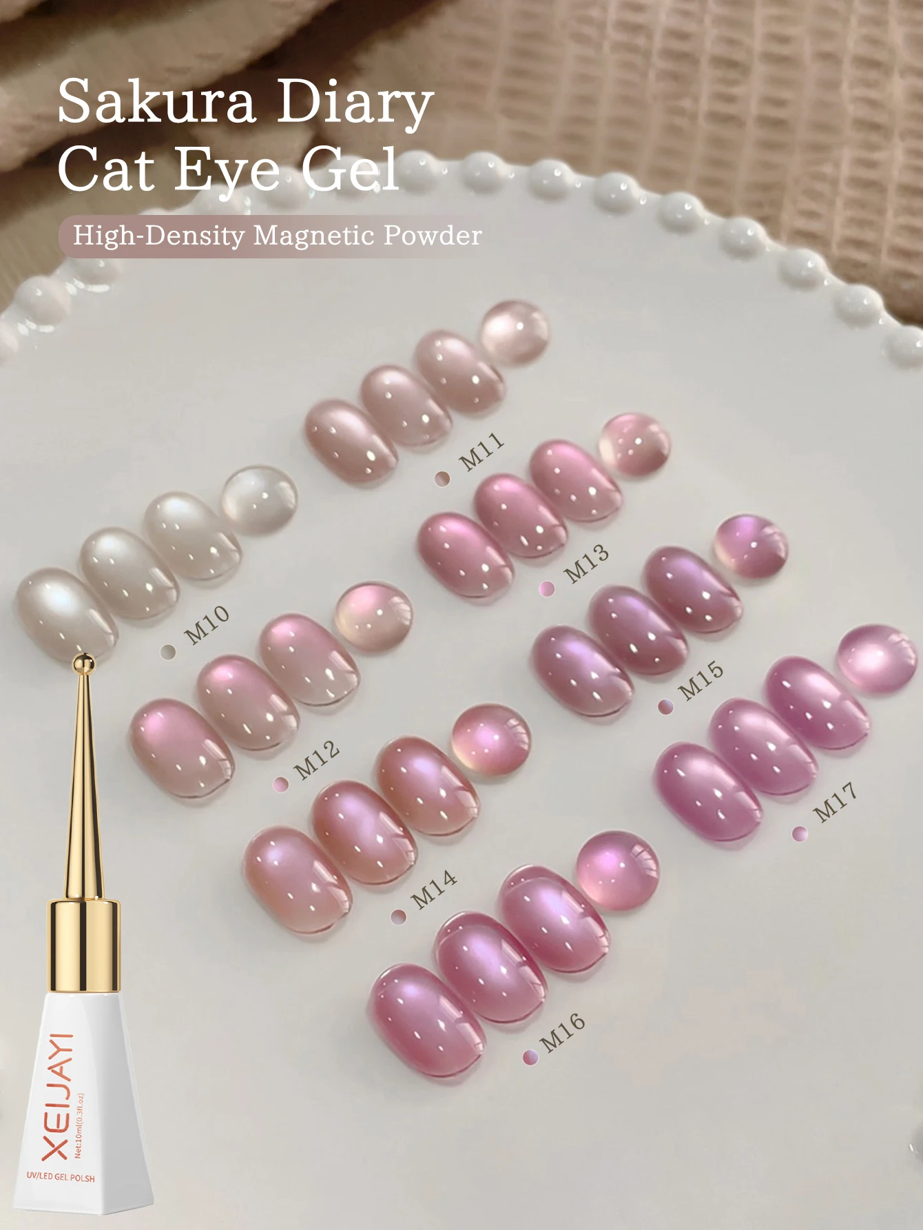 

XEJIAYI 8pcs 10ml Sakura Diary Cat Eye Gel Polish SetGel Rose Gold Pink Gradient - High Density Magnetic Nail Gel