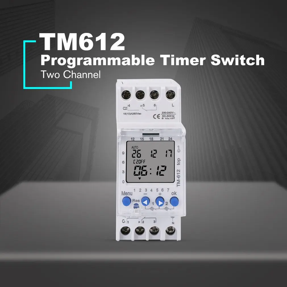 

Двухканальный таймер SINOTIMER TM612, 220 В, 7 дней, 24 часа, программируемый электронный цифровой таймер с ЖК-дисплеем и двумя релейными выходами