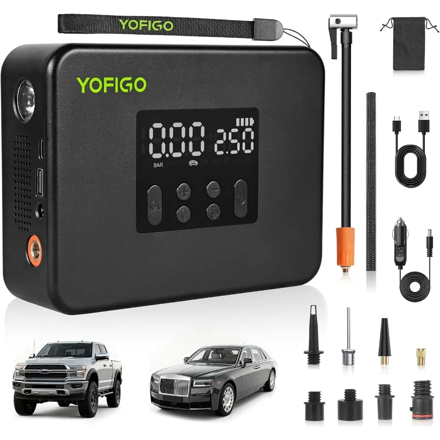 Portable Tire Inflator with Dual Power Supply and Digital Pressure Gauge Display: Electric Air Pump for Cars Trucks Motorcycles