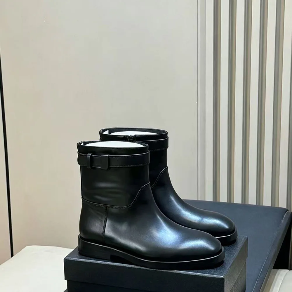 2026 Women Leather Ankle Boots Flat Heel Side Zipper Belt Buckle Decor Short Booties Round Toe Autumn Winter Daily Dress Boots
