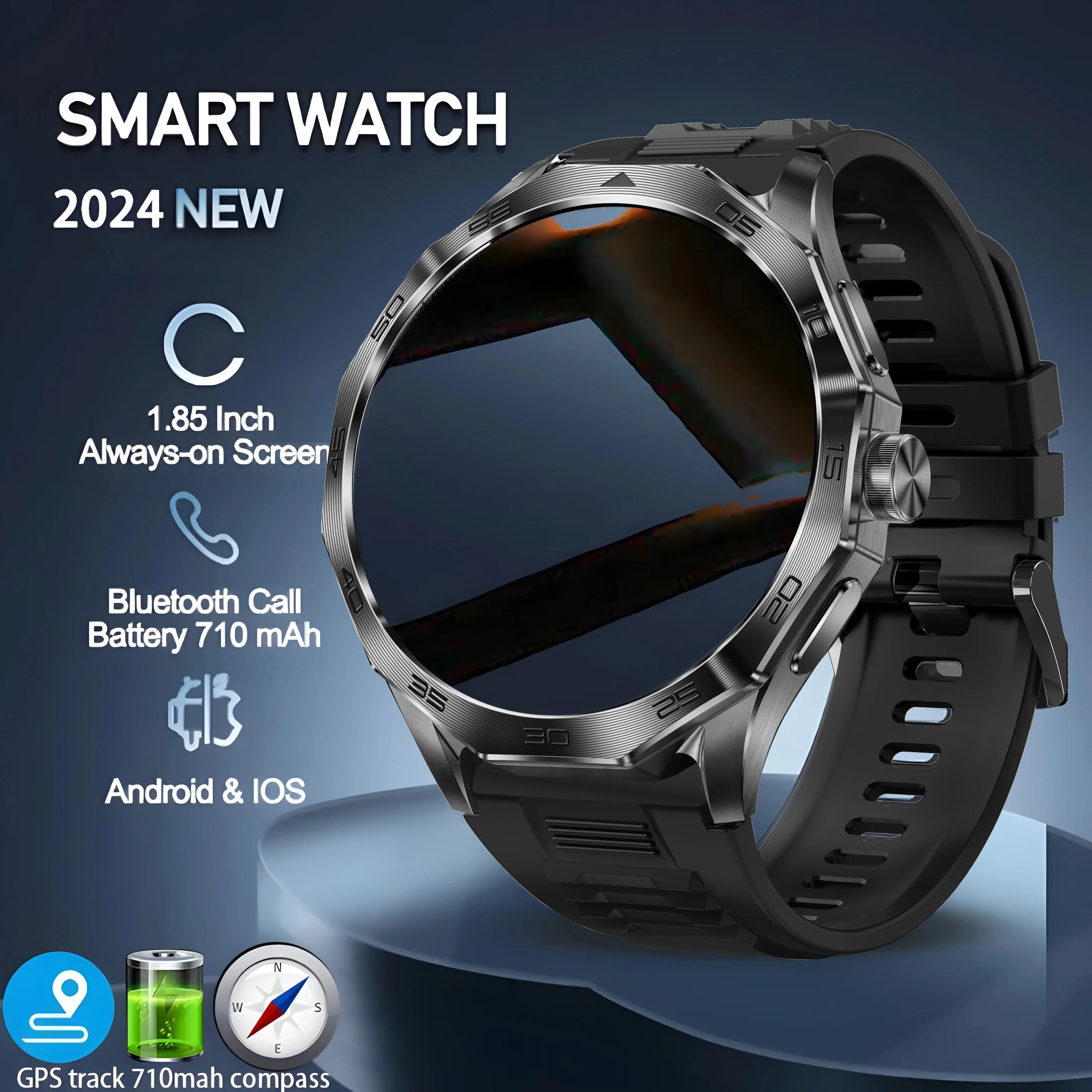 New 710mAh Battery Smartwatch for Men - 1.85 Inch, GPS, Bluetooth Call, Compass, Fitness Tracker, Waterproof