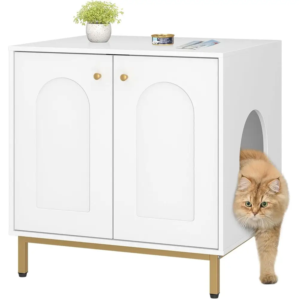 

White and Gold Wooden Cat Litter Box Enclosure with Side End Table Design for Living Room and Bedroom