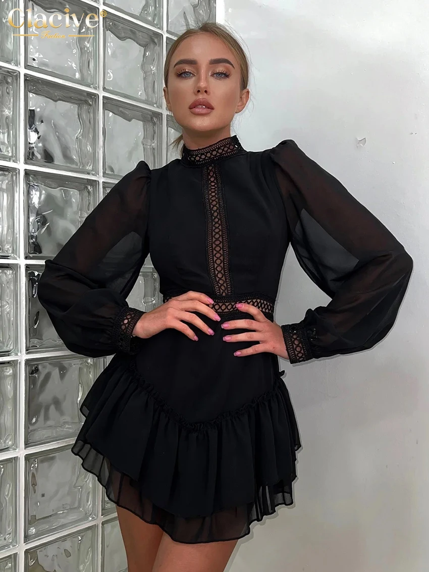 

Clacive Fashion Loose Black Women's Dress 2025 Sexy Stand Collar Long Sleeve Mini Dresses Elegant Classic Pleated Female Dress