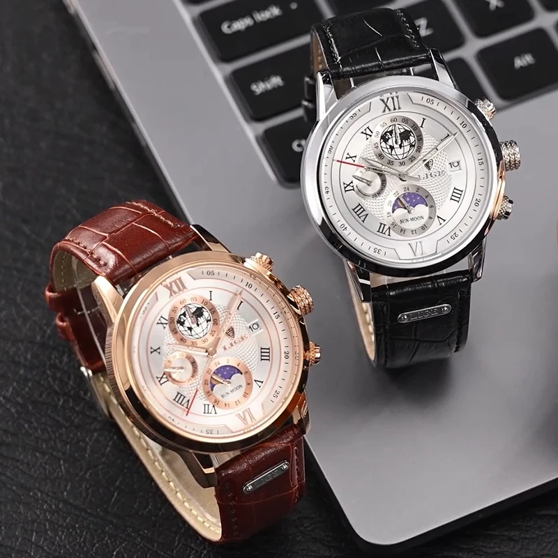 

Мужские часы LIGE с кожаным ремешком, модные, креативные, с люминесцентным циферблатом, хронограф, водонепроницаемые, кварцевые, деловые наручные часы