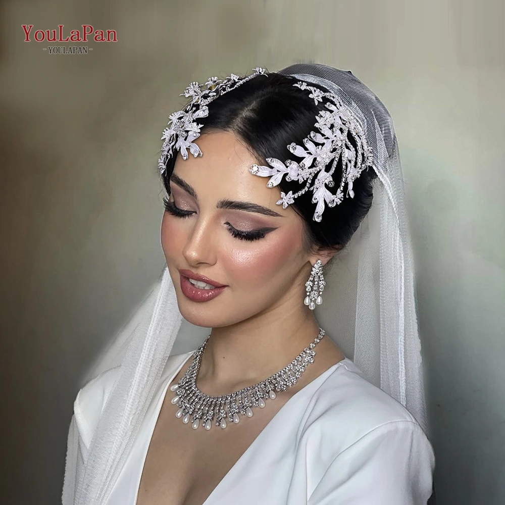 

YouLaPan Bride Silver Color Alloy Leaf Headwear Set Elegant Girl Wedding Rhinestone Hair Piece Ornaments The Bride Tiaras HP662