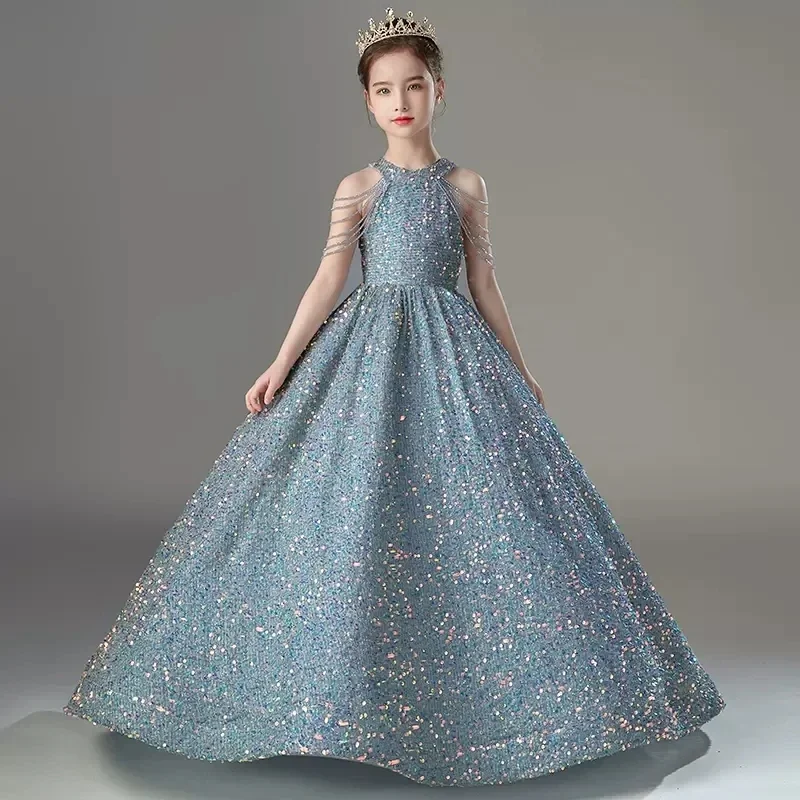 Little Girls Sequin Party Gown Teen Girls Cold Shoudler Long Formal Evening Cocktail Dress Kids Banquet Pageant Dresses