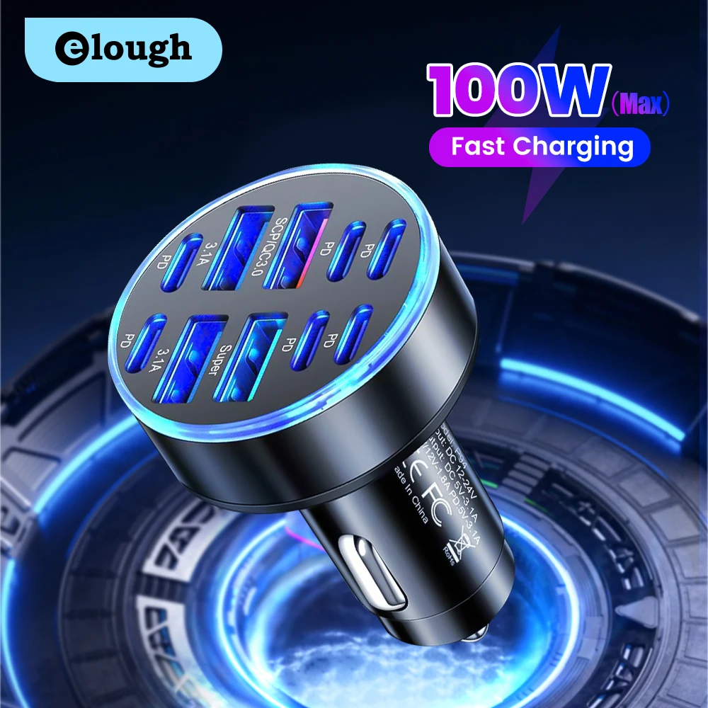 100W 10 Ports Car Charger Fast Charging PD QC 3.0 USB C Car Phone Charger Type C Adapter in Car For iPhone Samsung Huawei Xiaomi